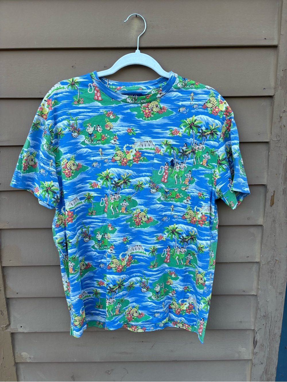Ralph Lauren Blue Tropical Island Print Tee